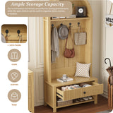 LSKTGA 70.86-inch Entryway Hall Tree, Farmhouse-Style Wooden Coat Rack Freestanding, Entryway Organizer with Four Hooks, Standing Shoe Rack with Bench for Hallways, Foyers, and Living Rooms, Natural LSKTGA