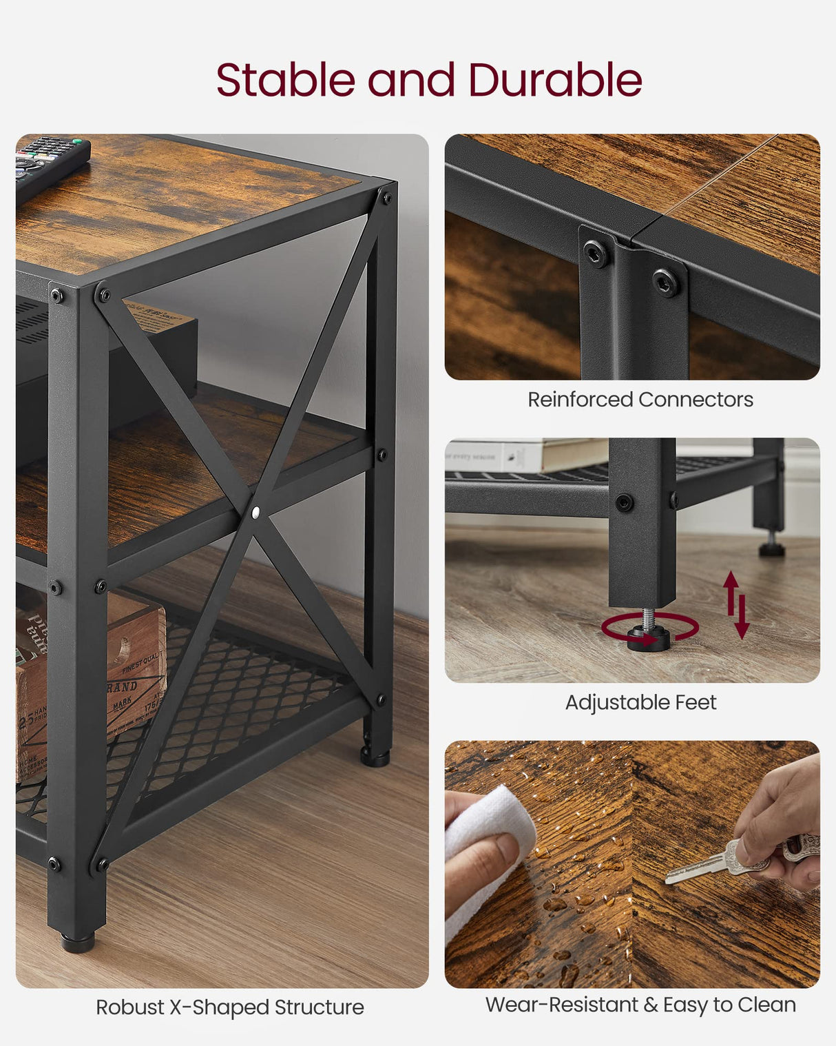 VASAGLE TV Stand, TV Console for TVs Up to 65 Inches, TV Table, 55.1 Inches Width, TV Cabinet with Storage Shelves, Steel Frame, for Living Room, Bedroom, Rustic Brown and Black ULTV094B01 VASAGLE