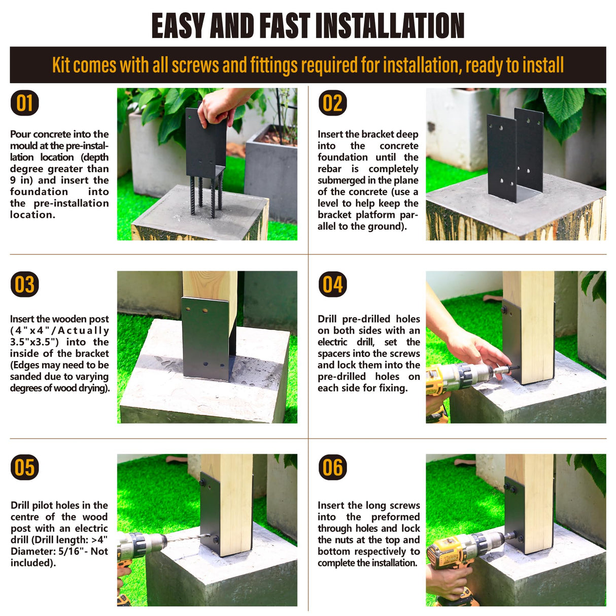 WOWACE 4"x4"(Actual 3.5"x3.5") Wet Concrete Foundation U-Shape Post Base Holder, for Fence, Deck, Gazebo and Other Post-Like Structure Pole Construction Ground Post Bracket Base (8pack-Dark Gray) WOWACE