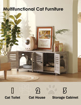 DINZI LVJ Litter Box Enclosure for 2 Cats, Hidden Litter Box Furniture with Double Rooms, Dual Cat Litter House, Front Doors, 47.2" Wooden Hidden Cat Washroom, Side End Table, TV Stand, Greige DINZI LVJ