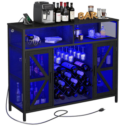 HDDDZSW XXL LED Wine Cabinet Home Bar Cabinets with Power Outlets, Coffee Bar Cabinet Liquor Cabinet for Glasses, Black Buffet Cabinet TV Stand with Wine Racks Countertop for Dining Kitchen