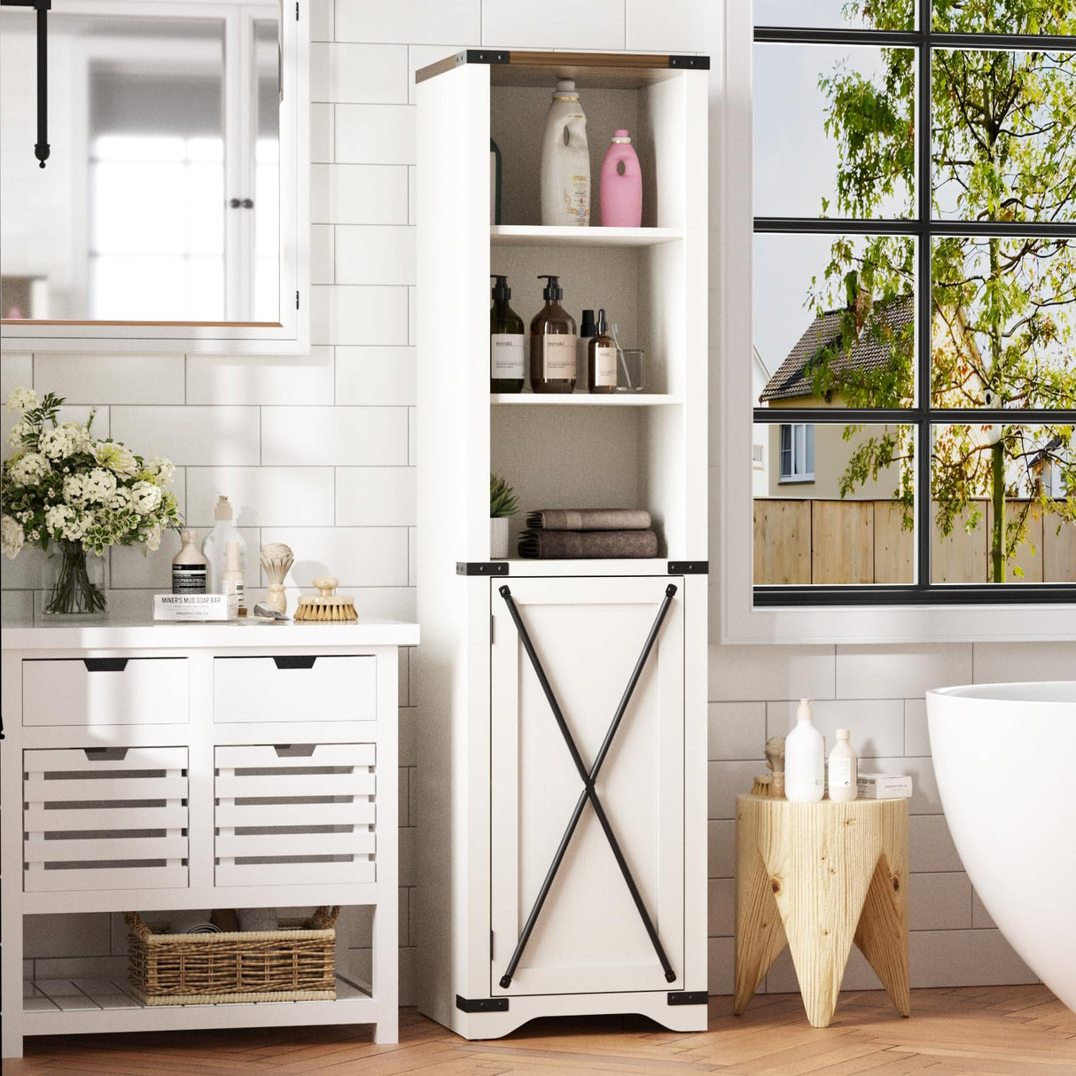 Farmhouse Bookshelf, 67'' Tall Narrow Bookcase with Metal X Barn Door, Antique White Bathroom Storage Cabinet with Adjustable Shelves, 5 Tier Skinny Book Shelf for Home Office, Kitchen, Living Room FiveWillowise