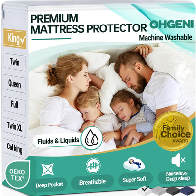 OhGeni 100% Waterproof Mattress Protector, King Size, Fitted Sheet with Deep Pockets, 6''-18'', Premium Noiseless Breathable Soft Material, Mattresses Cover for Bed