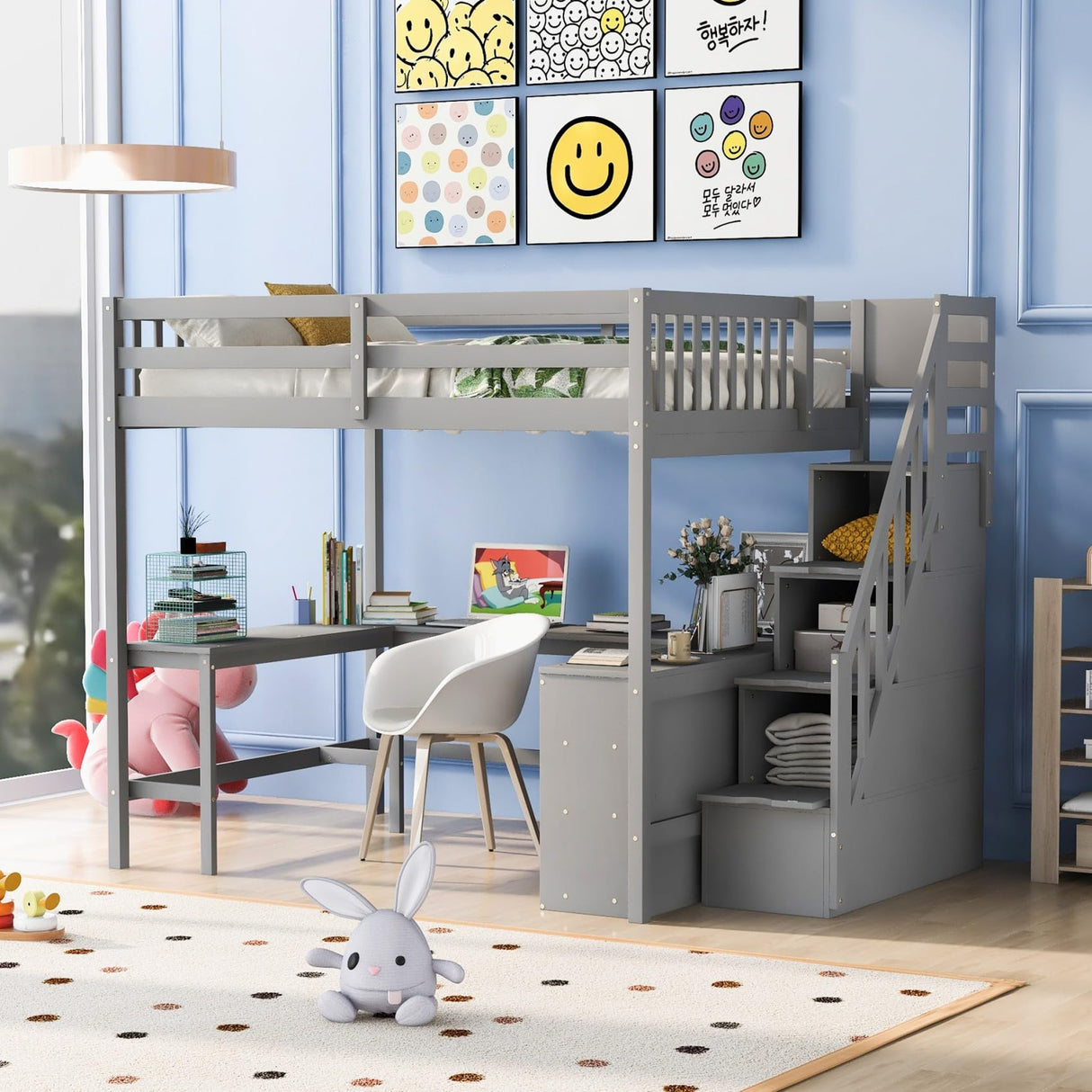 Merax Wood Full Size Loft Bed Frame with Built-in L Shaped Desk & 3 Storage Shelves & Attached Storage Stairs for Kids, Full-Length Guardrail, No Box Spring Needed, Grey Merax