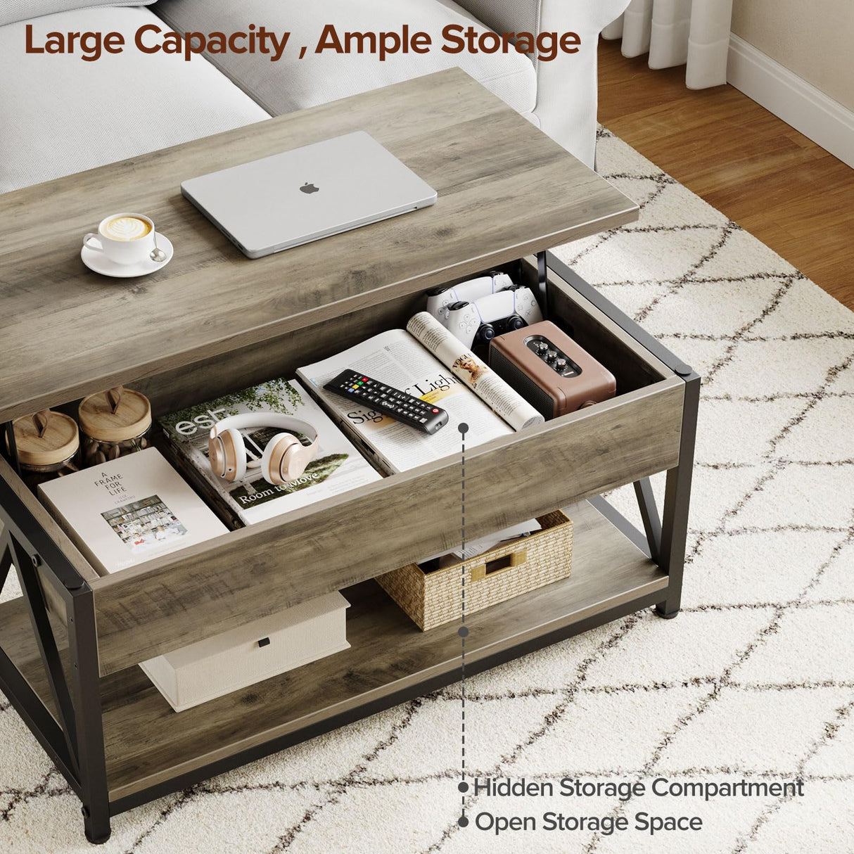 Memobarco Lift Top Coffee Table,Lift Coffee Tables with Storage Shelf and Large Hidden Compartment for Living Room,Lift Tabletop Dining Center Table for Small Space, Grey Memobarco