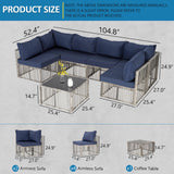 FHFO 7 Pieces Outdoor Patio Furniture Set, Wicker Outdoor Sectional Conversation Couch Set with Adjustable Backrest Sofa, Thick Cushion & Coffee Table for Garden, Porch, Poolside, Grey/Blue FHFO