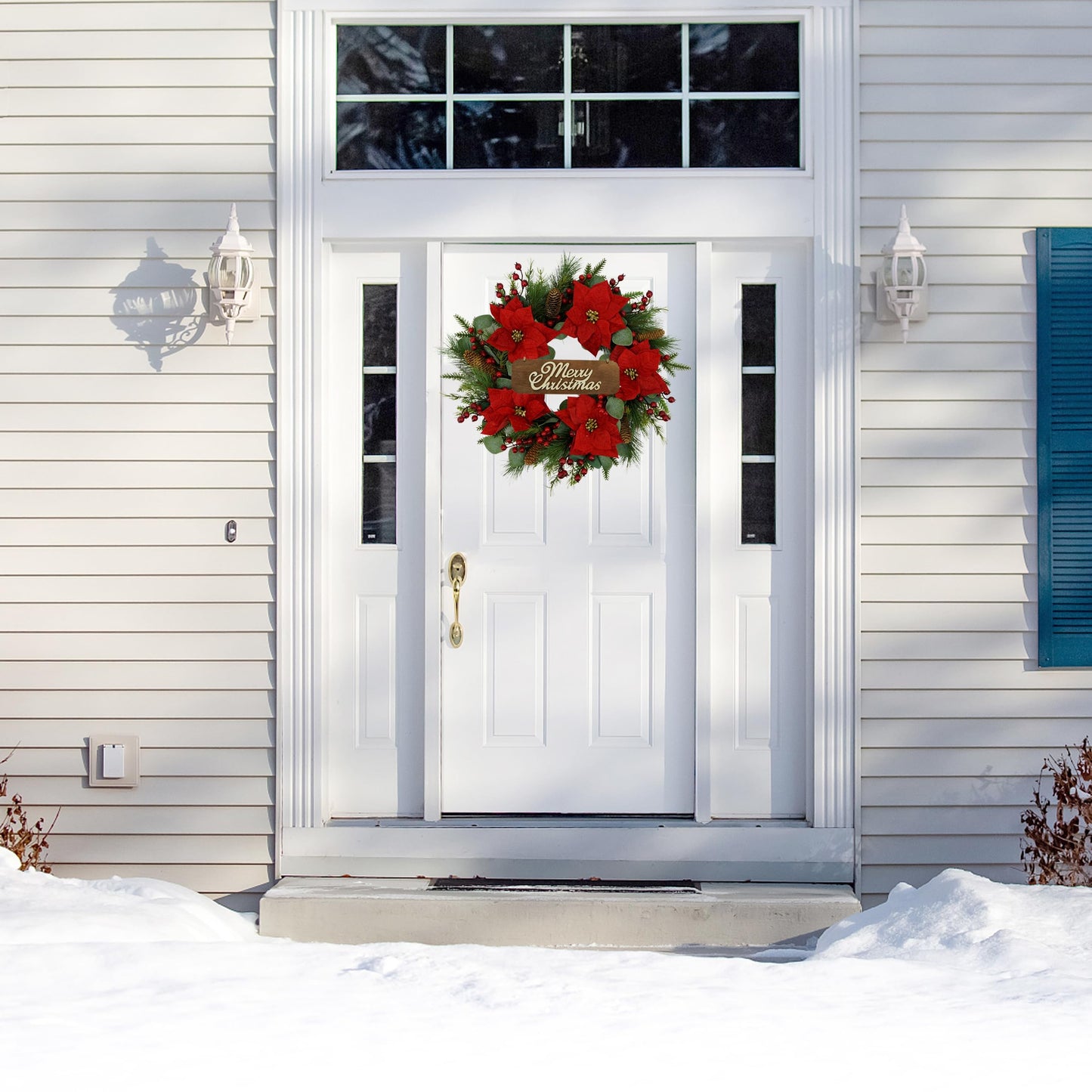 AMF0RESJ 20 inch Artificial Christmas Wreath Winter Wreath with Poinsettia,Eucalyptus Leaves,red Berry,Pine Cones,Pine Needles for Indoor Outdoor Farmhouse Home Wall Window Festival Wedding Decor