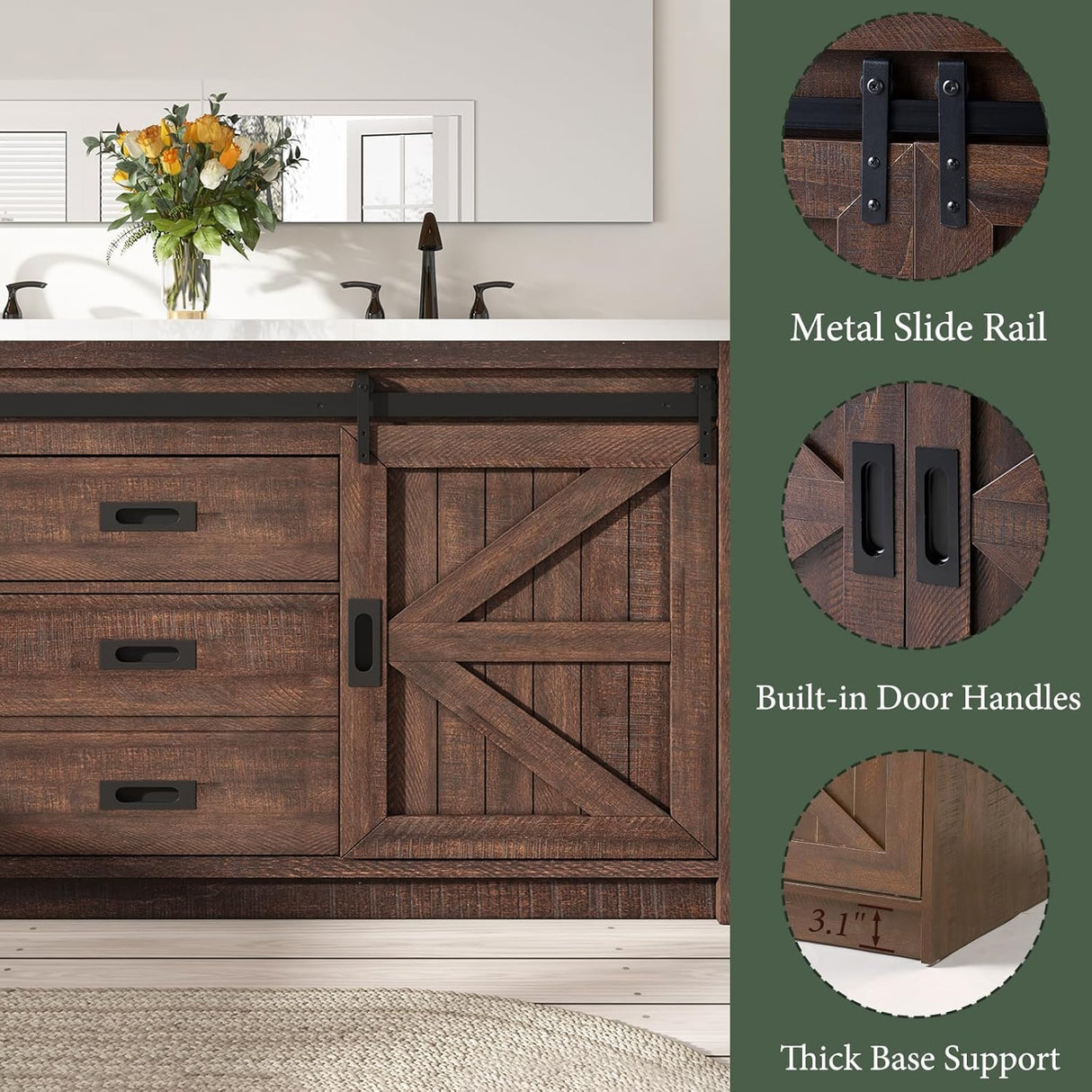 LUXOAK 60" Farmhouse Bathroom Double Vanity Sliding Barn Door with Sink Combo, Freestanding, Bathroom Vanity Cabinet with Drawers & Metal Handles, Reclaimed Barnwood LUXOAK