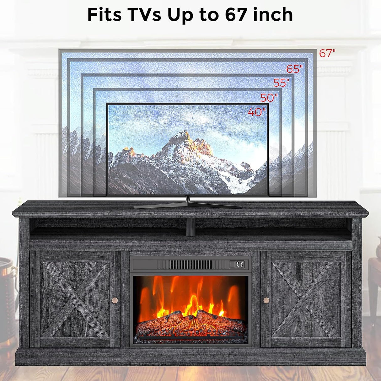 Electric Fireplace, Fireplace TV Stand for Television up to 58" Heater TV Stand, Freestanding Electric Fireplace Heater, Adjustable Flame, Fireplace Insert with Remote Control & Storage Cabinets Takywep