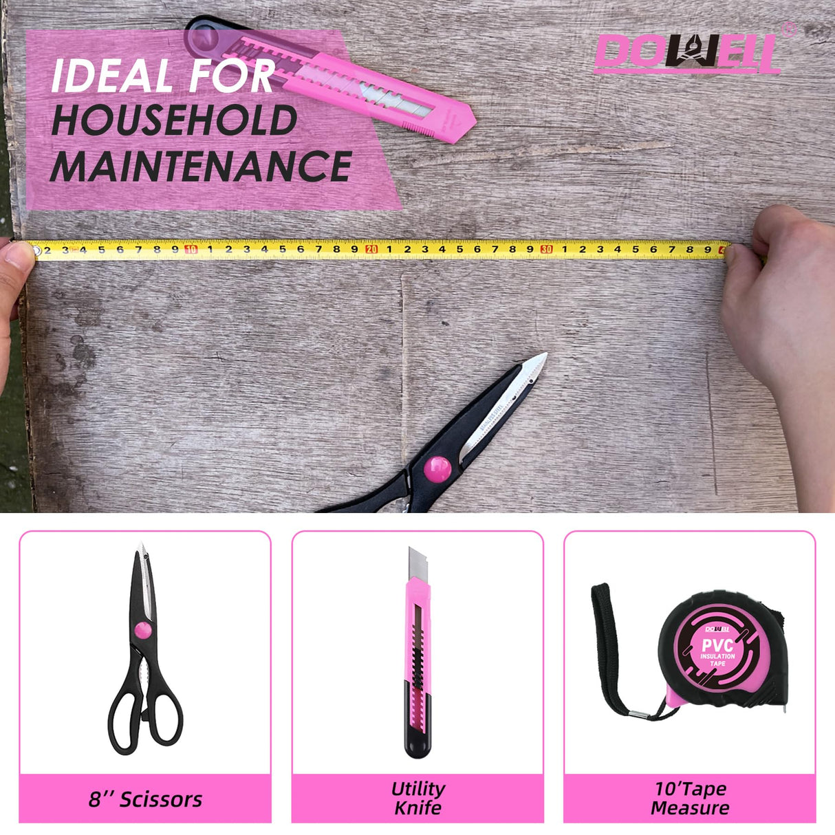 DOWELL 40 Pcs Home Tool Kit General Household Hand Pink Tool Set with Plastic Toolbox Storage Case for Home, Mini Tool kit for Women DOWELL