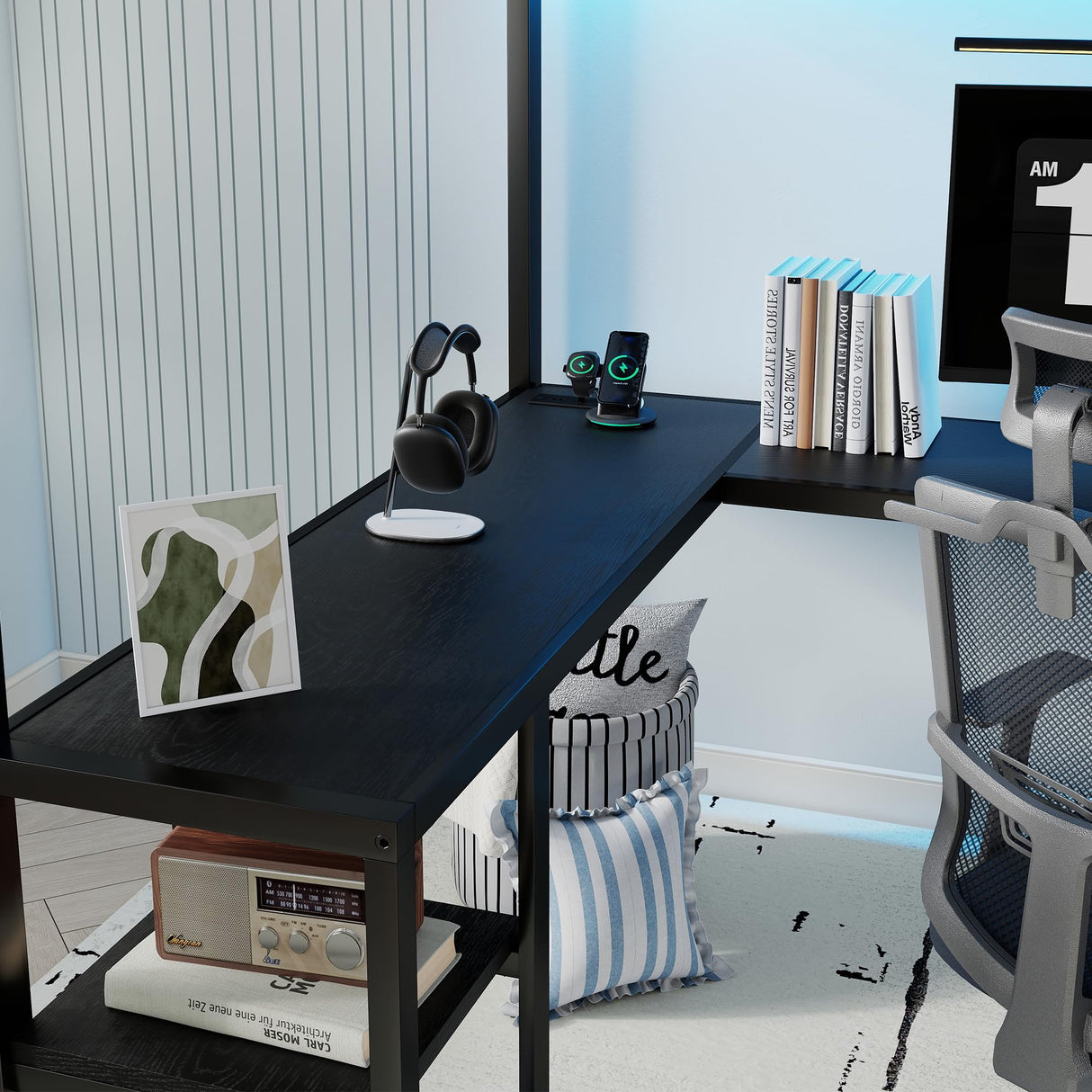 Queen Size Loft Bed with Desk and Stairs, Gaming Loft Bed with RGB LED Light and Storage, Heavy-Duty Metal Loft Beds Frame with Wardrobe, Shelves and Charging Station for Adults Kids Teens, Black Mirightone