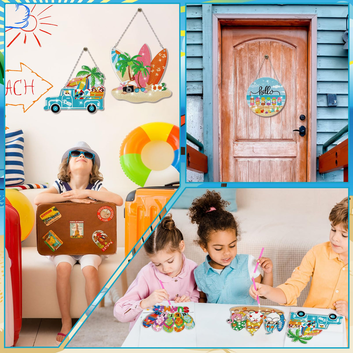 Chitidr 6 Pcs Summer Diamond Painting Hanging Sign Set Beach Gnome Diamond Art Paint Arts Set 5D DIY Ornaments Kits for Summer Wall Door Window Decor Chitidr