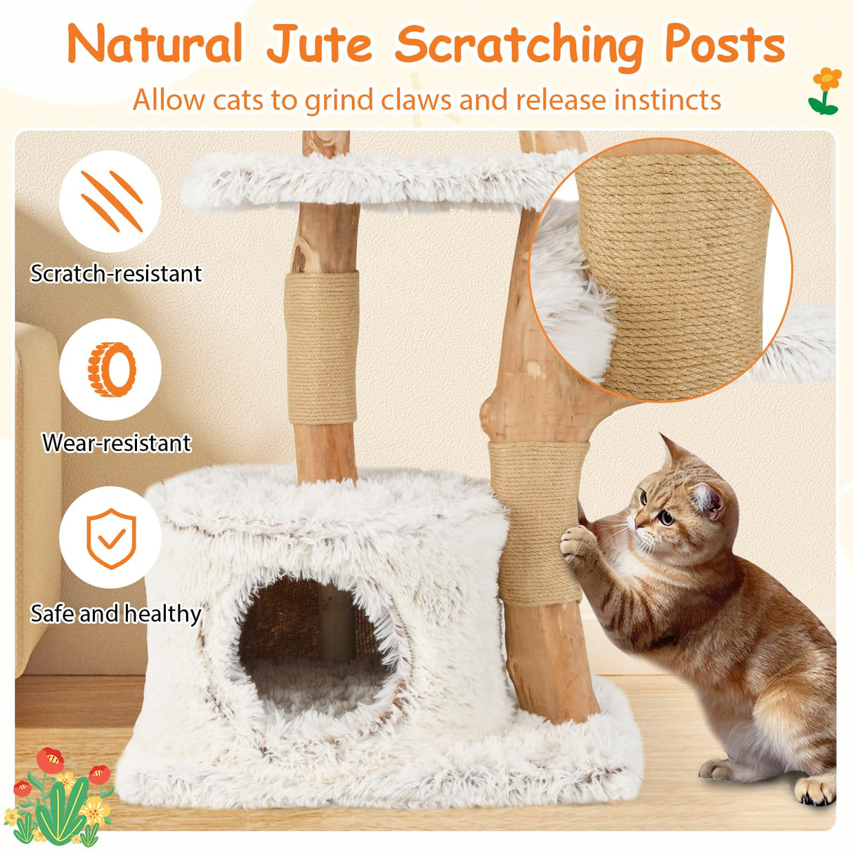 Tangkula Modern Cat Tree, 53 Inch Tall Natural Branch Wooden Cat Tower with Jute Scratching Posts, Plush Perch, Condo, Aesthetic Luxury Solid Wood Flower Cat Tree for Indoor Cats Large Adult (White) Tangkula