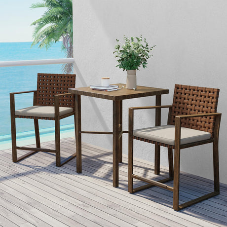 Grand patio 3-Piece Outdoor Counter Height Bar Set with Wood Grain Texture Leather-Look Wicker Bar Set with Market Umbrella Hole Furniture for Patio, Balcony, Garden - Brown Grand patio