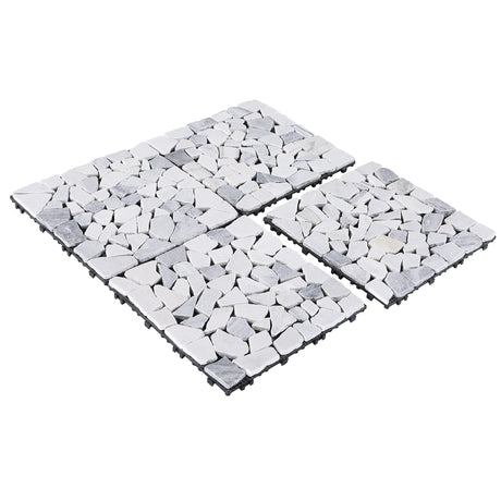 PURE ERA Natural Real Stone Interlocking Floor Deck Tiles Indoor Outdoor Use 12"x12" (4Pcs, 4 sq. Ft, Sliced Grey and White)- Great Upgrade to Patio Backyard Pathway PURE ERA