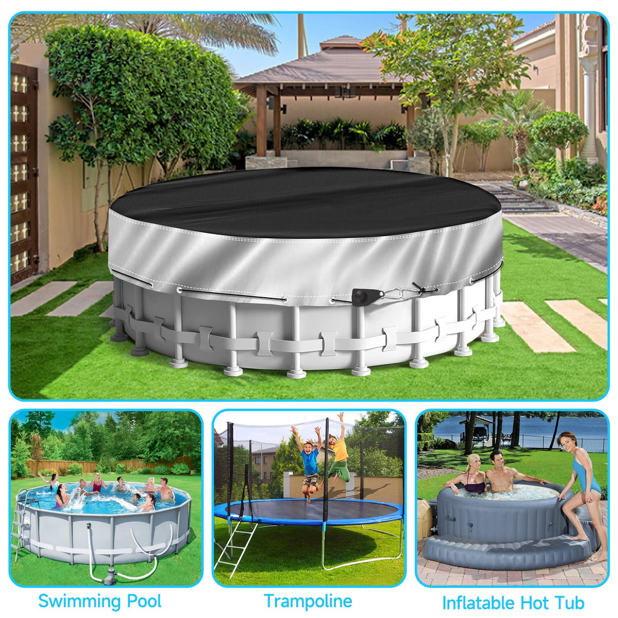 NEVERLAND Winter Pool Cover 18FT Round - Heavy-Duty 420D Oxford Above Ground Swimming Pool Cover, Debris-Proof, Cold-Resistant & UV-Resistant with Upgraded Adjustable Tensioner, Black/Sliver NEVERLAND