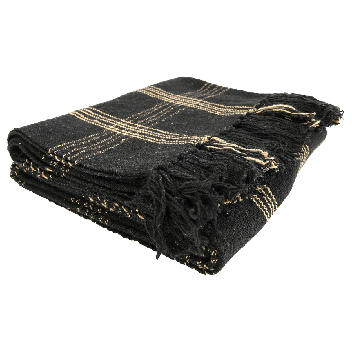 Plaid Black & Tan Fringed Woven Cotton Blend Throw Creative Co-Op