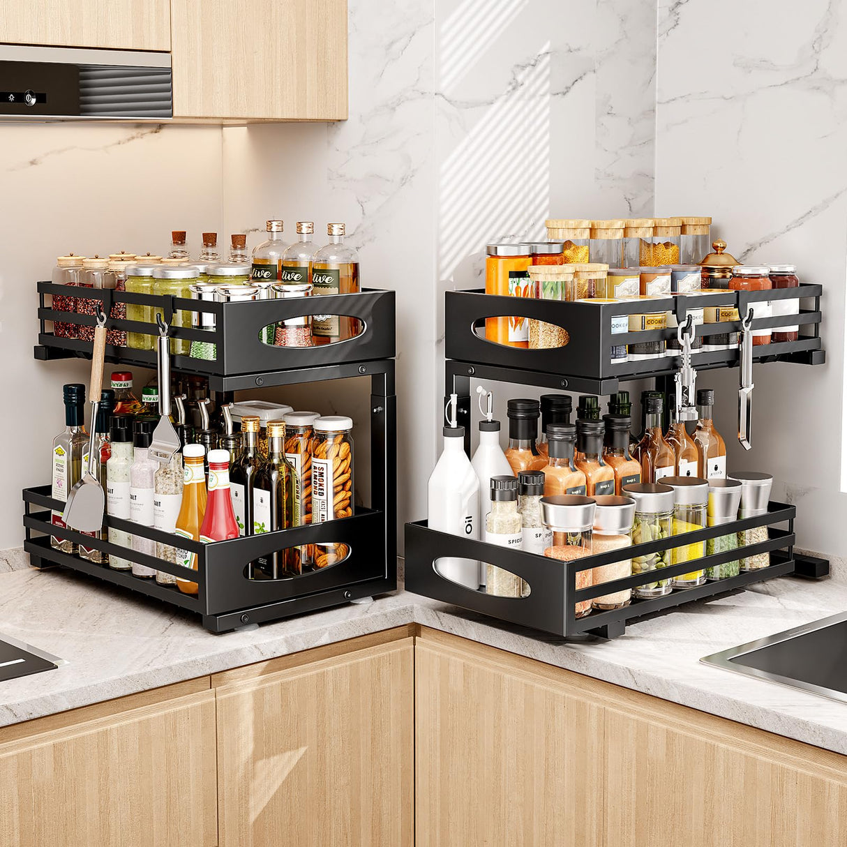 mixeshop Under Sink Organizer, Pull Out Cabinet Organizers, Slide Sink Steel Shelf Cabinet Storage Shelves, Under Sink Storage for Kitchen Bathroom Cabinet (Black, 2 Pack) mixeshop