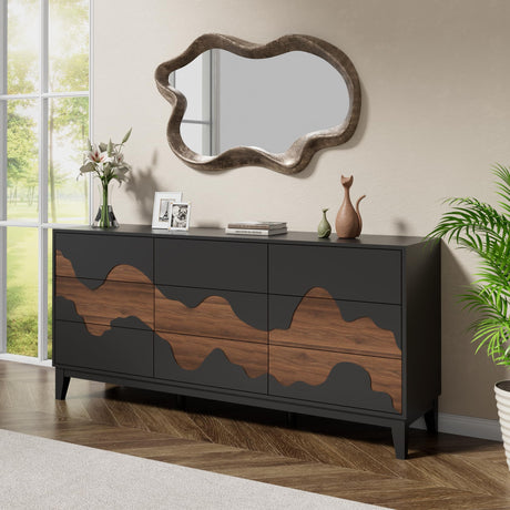 Anbuy Modern 9 Drawer Dresser 63'' for Bedroom with Brown Water Stream Patterns Design - Versatile Storage Solution for Bedroom, Porch (Black and Brown) Anbuy