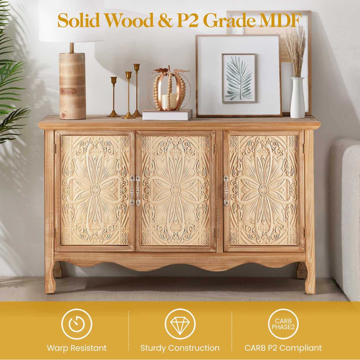 RoyalCraft Sideboard Buffet Cabinet with Storage,49'' Solid Wood Farmhouse Sideboard Credenza Accent Cabinet with 3 Carved Doors, TV Console Table for Entryway, Livng Room, Kitchen, Natural RoyalCraft