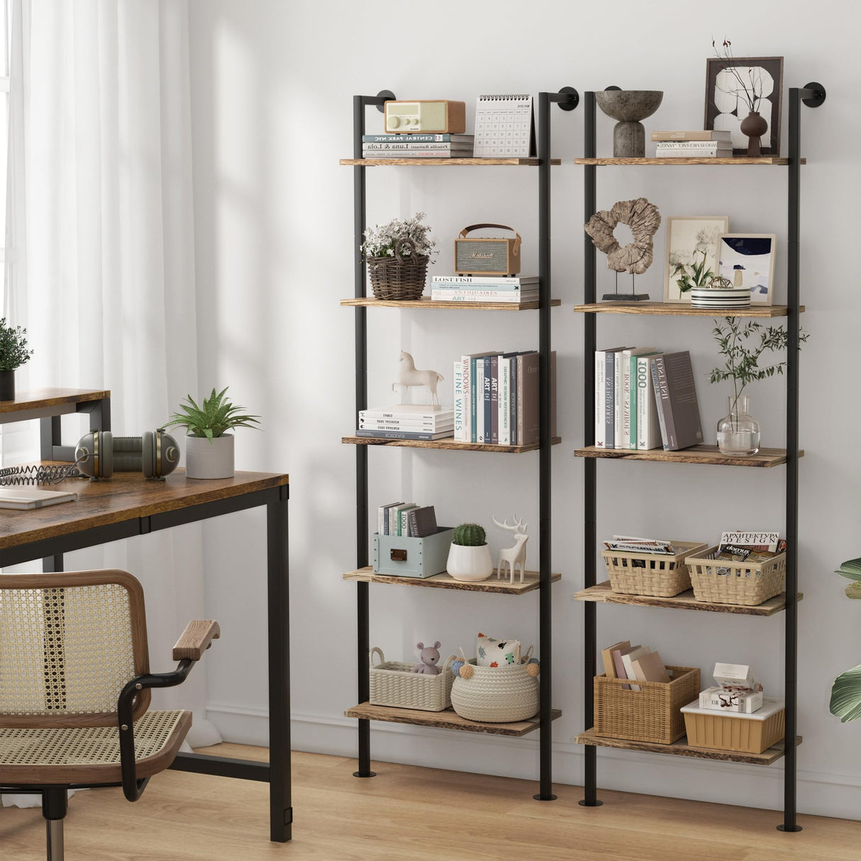 Acovy 5-Tier Rustic Wooden Ladder Shelf - Wall-Mounted Storage Rack for Living Room and Bedroom Acovy