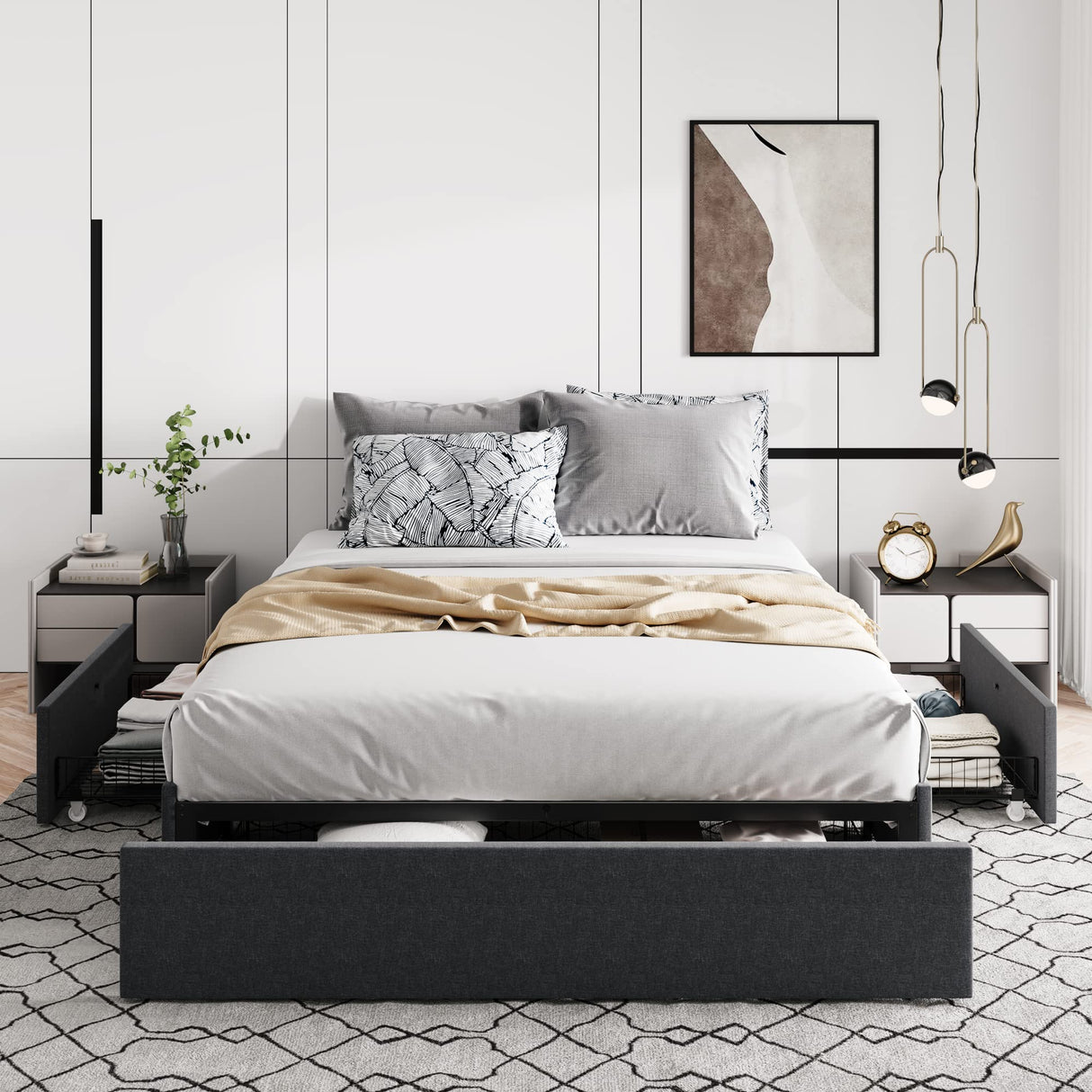 Allewie Queen Size Platform Bed Frame with 3 Drawers - Modern Grey Upholstered Design, No Box Spring Required Allewie