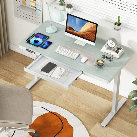 Tangkula Glass Standing Desk with Drawer, 48” x 24” Height Adjustable Electric Stand Up Desk with Tempered Glass Top, Sit Stand Desk with Memory Positions & USB Type-C Outlets for Home Office (White) Tangkula