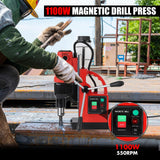 GARVEE Magnetic Drill Press, 1100W 550RPM Portable Mag Drill Press, Magnetic Core Drilling Machine for Metal Working,14Pcs Annular Cutters Drill Bits，Red GARVEE