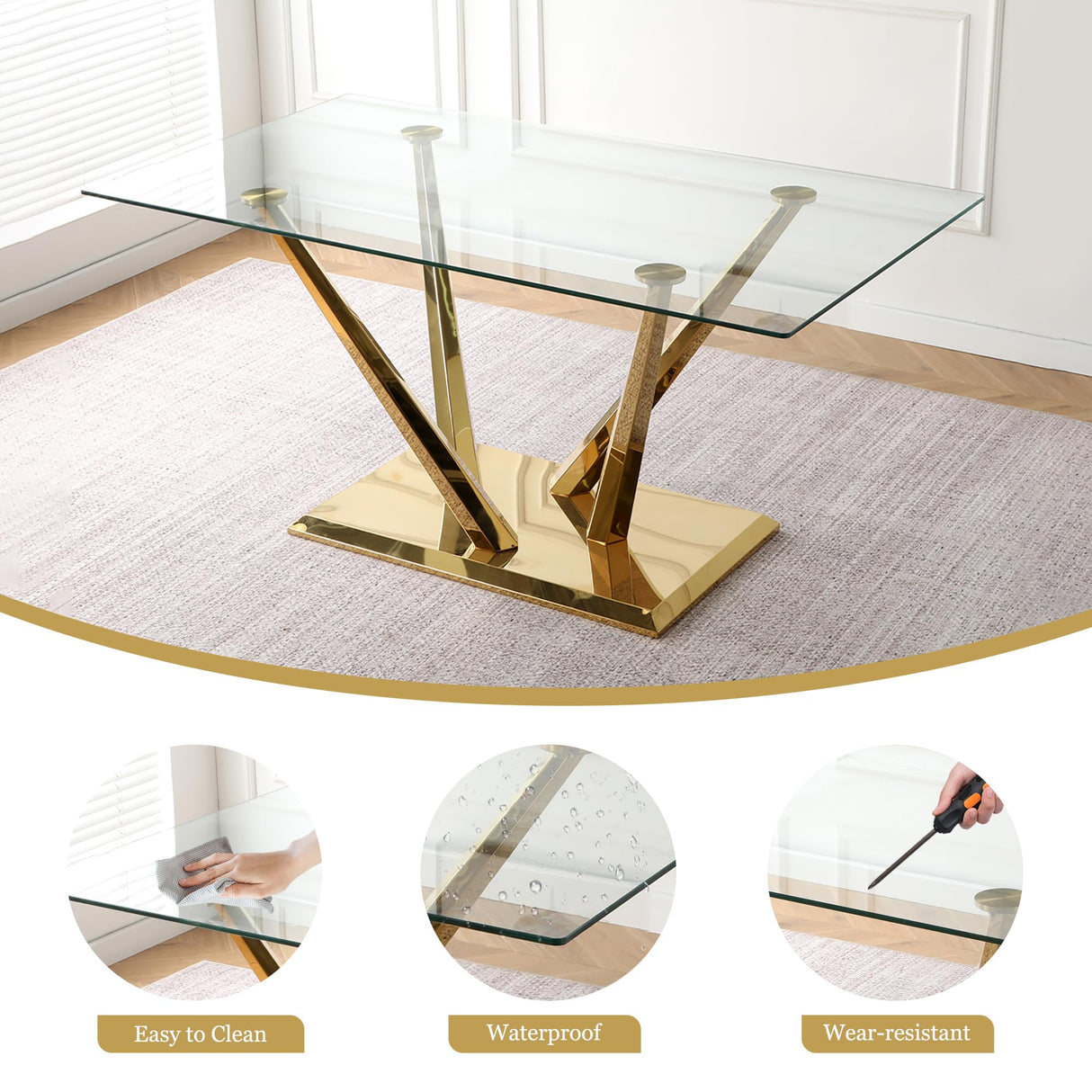 HAIZAO Modern Glass Dining Table Set for 6, 63'' Rectangular Tempered Tabletop with Aesthetic V Shape Gold Metal Base & 6 Beige Gold Woven Dining Chairs, 7 Piece Luxury Dining Table Set HAIZAO