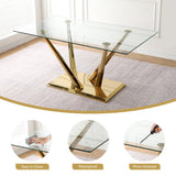 HAIZAO Modern Glass Dining Table Set for 6, 63'' Rectangular Tempered Tabletop with Aesthetic V Shape Gold Metal Base & 6 Beige Gold Woven Dining Chairs, 7 Piece Luxury Dining Table Set HAIZAO