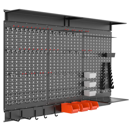 WALMANN 113 PCS Pegboard Wall Organizer Kit with Pegboard Hooks, Bins, Shelves, Pegboard Tools Storage System for Garage, Workbench, Modular Peg Board Tool Organizer Board with Hooks(Black) WALMANN