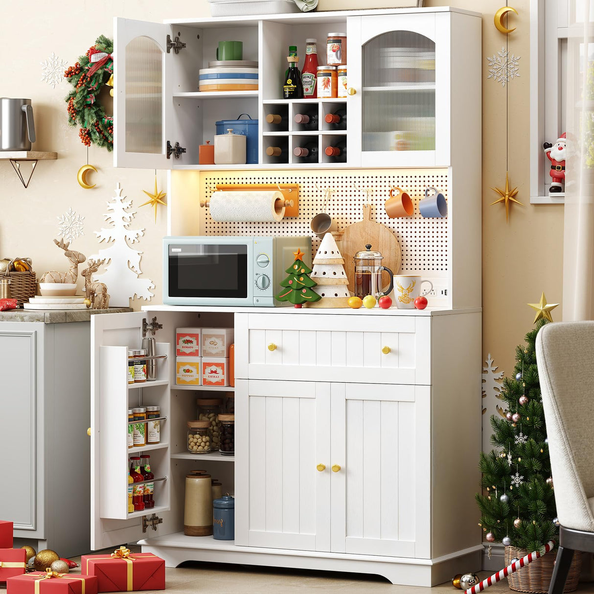 ONBRILL 71" Pantry Storage Cabinet with Microwave Shelf & Door Shelves, Kitchen Wood Pantry with Outlet & LED Light, Kitchen Hutch with DIY Pegboard & 6 Hook, Modern Cabinet with Drawer & Wine Rack ONBRILL