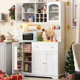 ONBRILL 71" Pantry Storage Cabinet with Microwave Shelf & Door Shelves, Kitchen Wood Pantry with Outlet & LED Light, Kitchen Hutch with DIY Pegboard & 6 Hook, Modern Cabinet with Drawer & Wine Rack ONBRILL