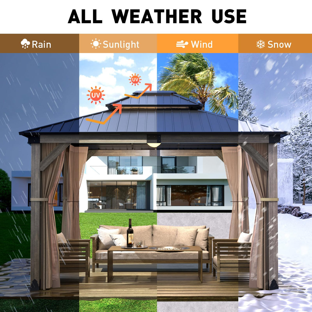 COSIEST 10x12FT Cedar Wood Gazebo, Outdoor Hardtop Gazebo with 2-Tier Galvanized Steel Roof, Netting & Curtains, Wooden Gazebo Pavilion for Patio Backyard Deck Lawn COSIEST