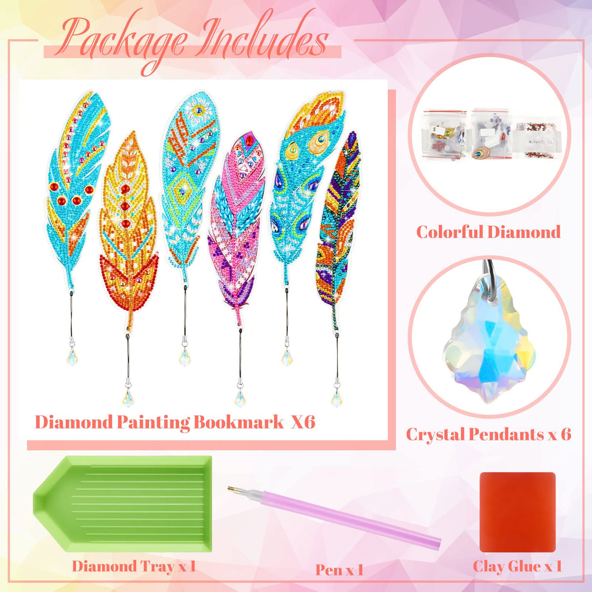 Henoyso 6 Pcs Diamond Painting Bookmarks Kits DIY 5d Feather Bookmark Rhinestone DIY Bookmarks Crystal Diamond Art Acrylic for Adult Arts Supply Crafts Gifts Henoyso