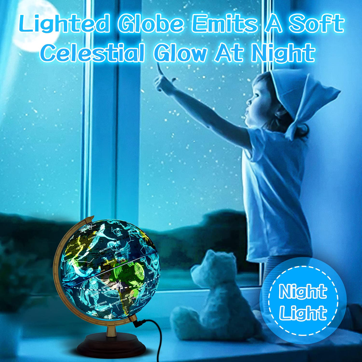TTKTK Illuminated World Globe for Kids & Adults All Ages with Wooden Stand 7 in 1- Night View Stars Map Constellation Globe with Detailed Colorful World,Built-in LED Bulb, Educational Gift TTKTK