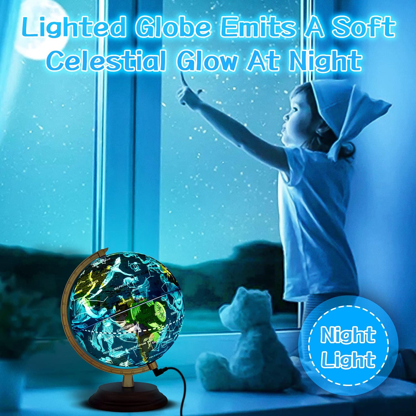 TTKTK Illuminated World Globe for Kids & Adults All Ages with Wooden Stand 7 in 1- Night View Stars Map Constellation Globe with Detailed Colorful World,Built-in LED Bulb, Educational Gift - WoodArtSupply