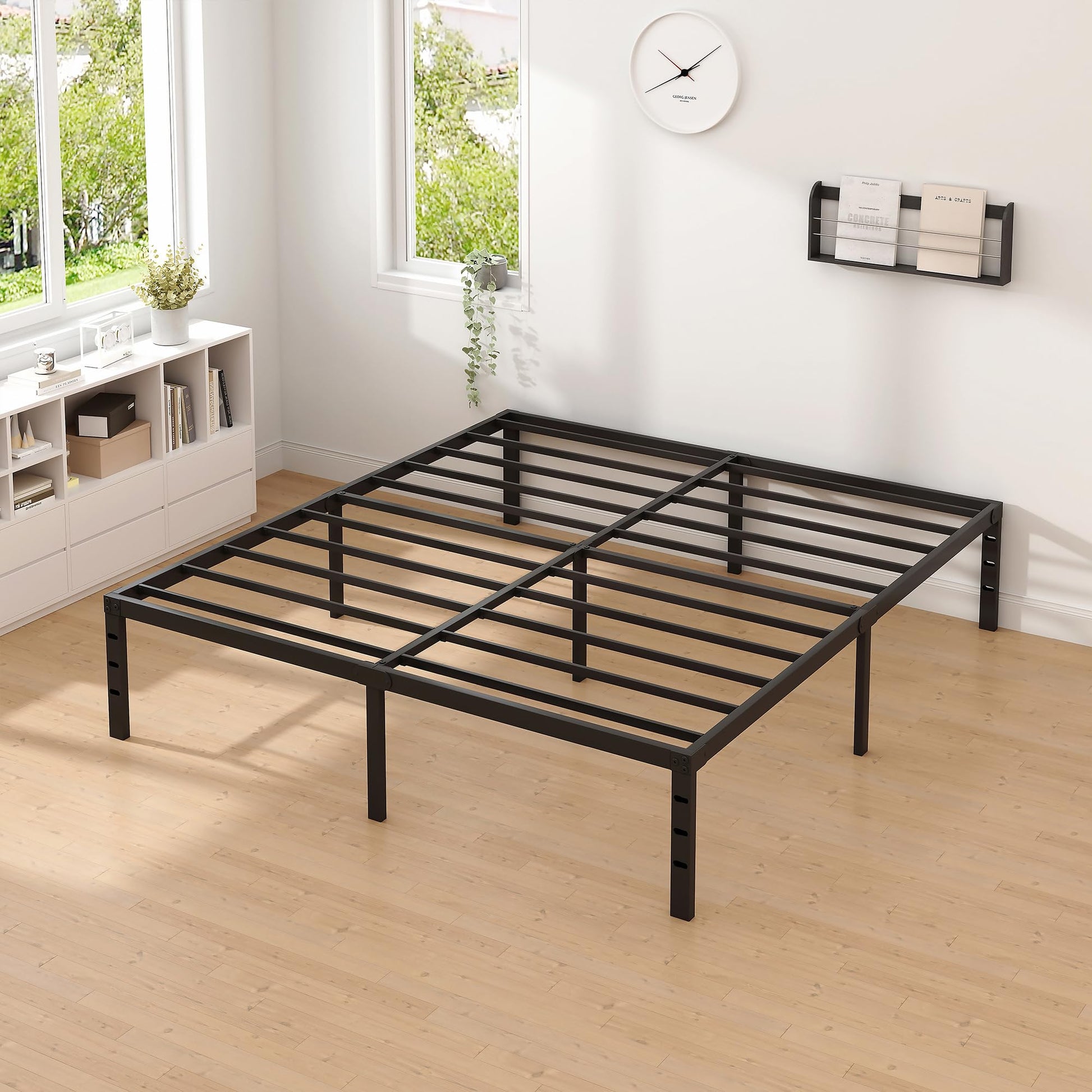 NEW JETO Sturdy Black Metal Queen Bed Frame with Spacious Under-Bed Storage - WoodArtSupply