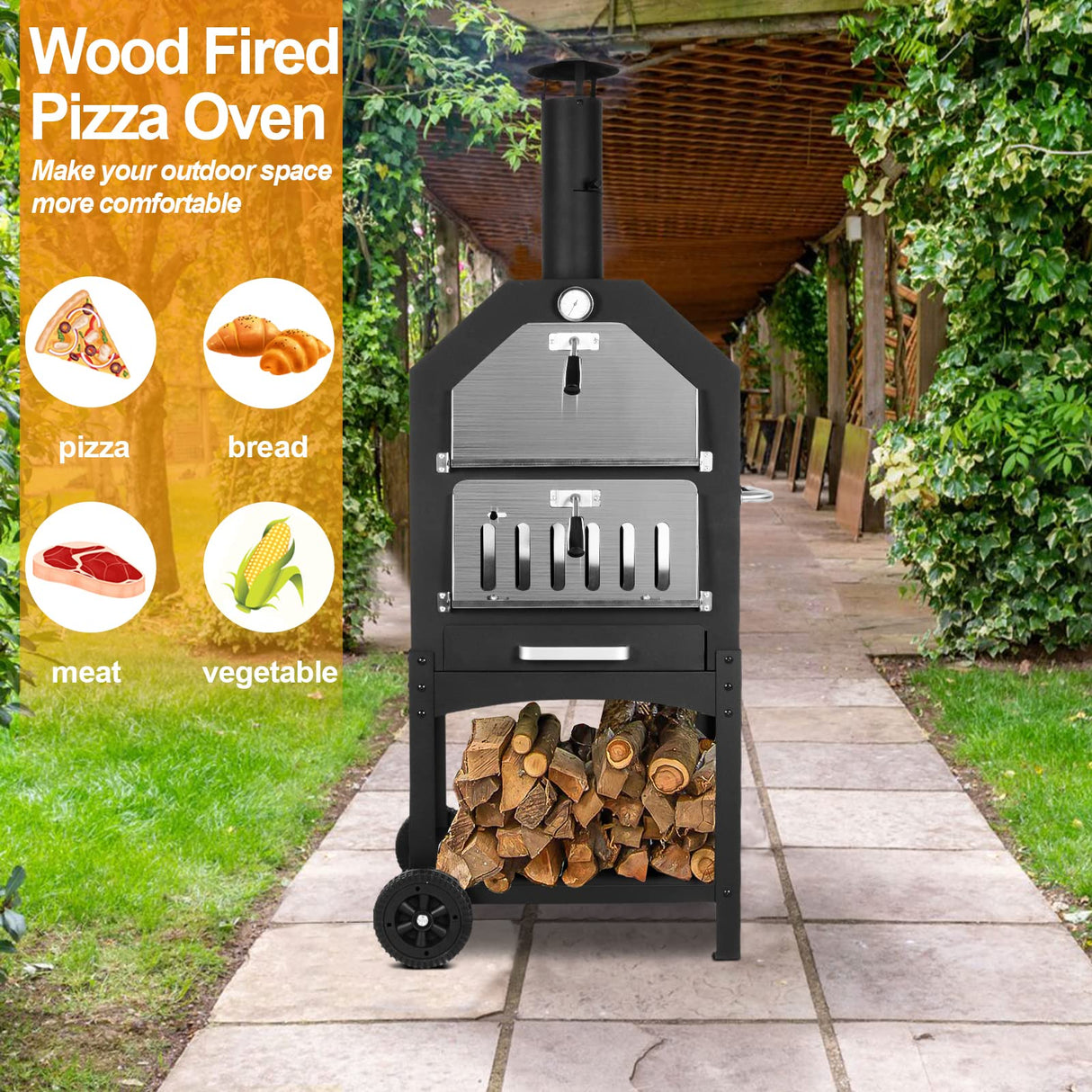 Outdoor Pizza Oven Wood Fired Pizza Oven Patio Portable Pizza Maker Cooking Grill with Wheels Waterproof Cover for Backyard Camping Polar Aurora