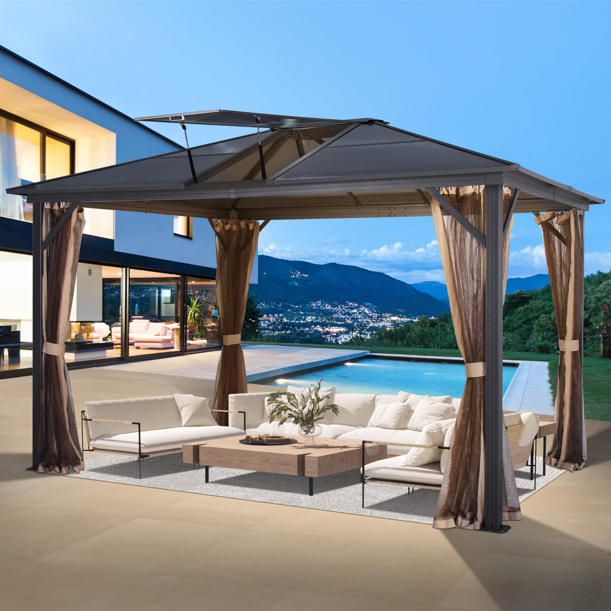 GARTOO 14' x 12' Polycarbonate Hardtop Aluminum Patio Gazebo with Skylight - Outdoor Heavy Duty Gazebo with Breathable Netting for Garden, Poolside, Deck, Patio GARTOO