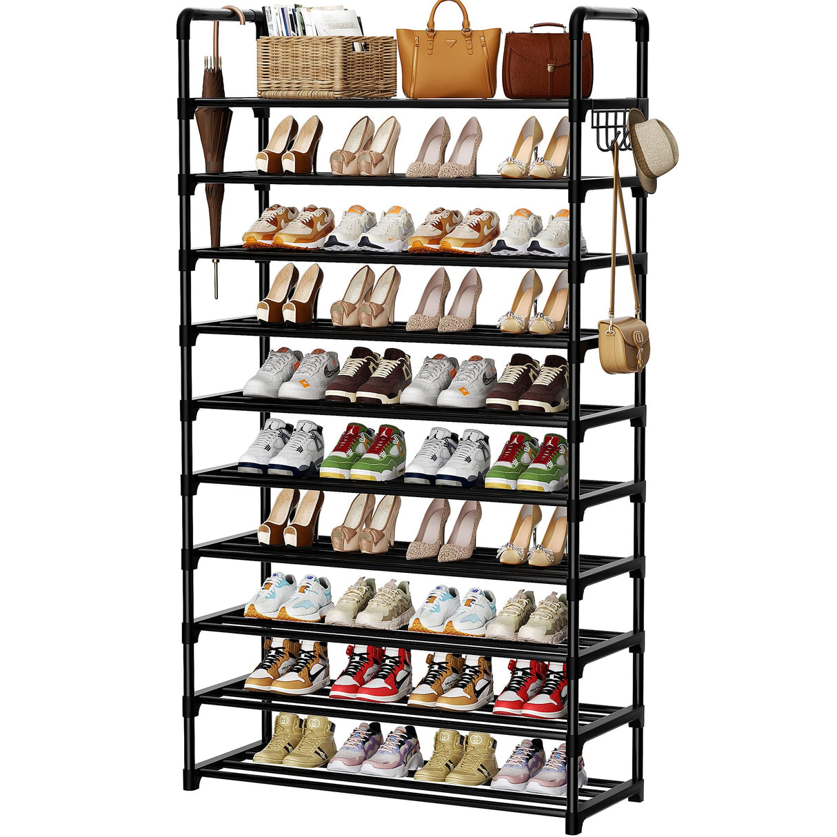 SRRSO Shoe Rack, 10 Tier Shoe Storage Organizer with Hooks,Fit 40-45 Pairs Shoes,Metal Tall Shoe Shelf for Closet,Entryway, Hallway,Garage,Bedroom,Cloakroom SRRSO