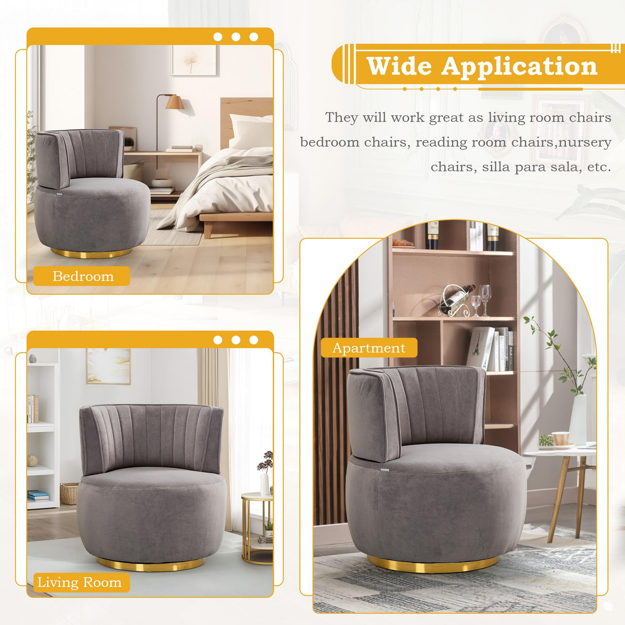 SLEERWAY 360° Swivel Barrel Chair, Modern Velvet Round Accent Chair, Comfy Upholstered Small Armchair with Gold Metal Base for Living Room Bedroom Nursery Office Sillas para Sala, Gray SLEERWAY