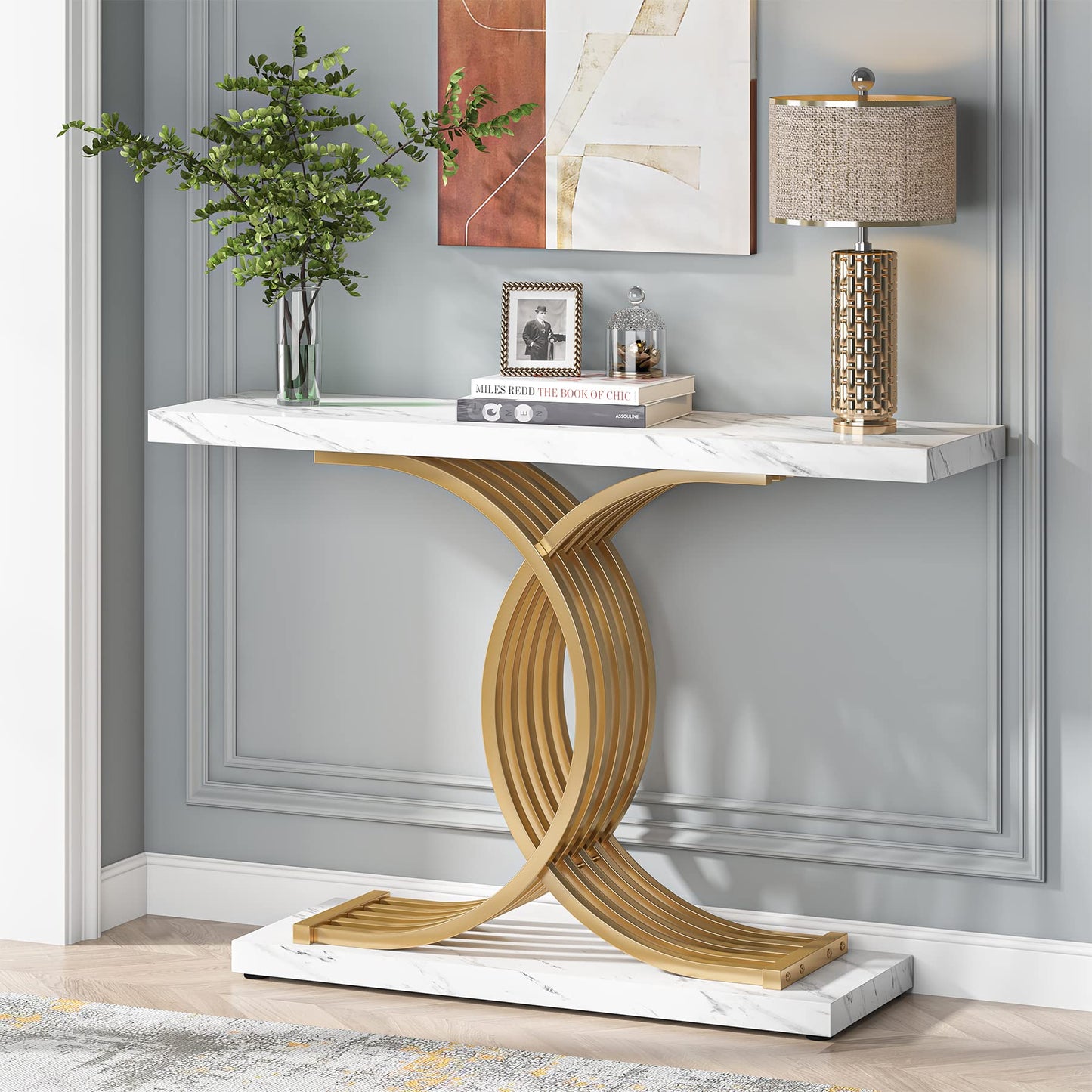 Tribesigns Gold Entryway Table, Modern 39-Inch Console/Accent Table with Geometric Metal Legs, Faux Marble Narrow Wood Sofa Table, Foyer Table for Entrance, Living Room (Gold & White) - WoodArtSupply