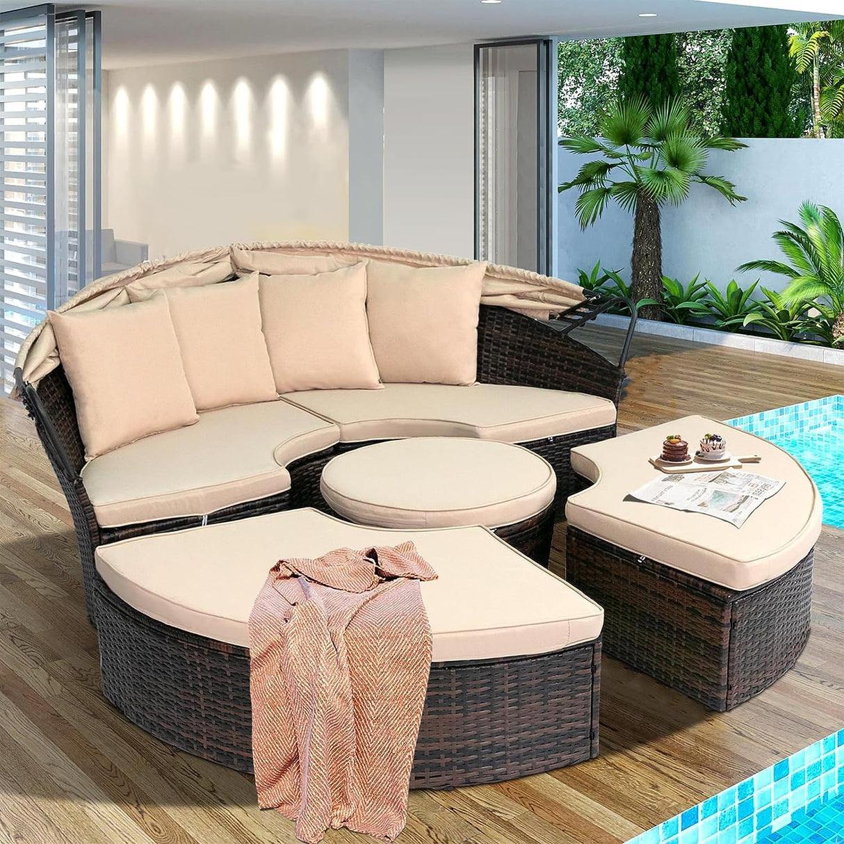 SUNCROWN Outdoor Patio Round Daybed with Retractable Canopy, Brown Wicker Furniture Sectional Couch with Washable Cushions, Backyard, Porch SUNCROWN