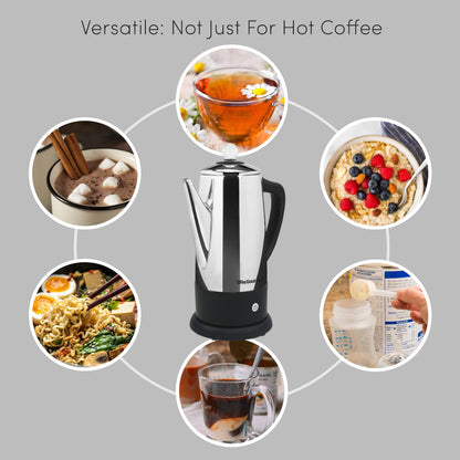 Elite Gourmet EC812 Electric 12-Cup Coffee Percolator with Keep Warm, Clear Brew Progress Knob Cool-Touch Handle Cord-less Serve, Stainless Steel