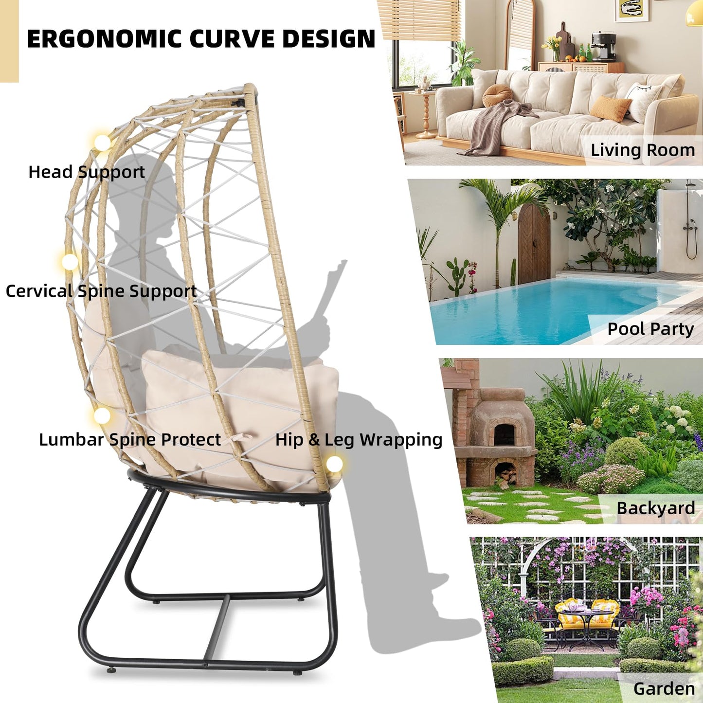 GRAVFORCE Wicker Egg Chair Set, Oversized Indoor Outdoor Lounger Chair with Cushion & Table, Patio Rattan Chair for Backyard, Living Room, Steel Frame, 440lb Capacity - Ivory