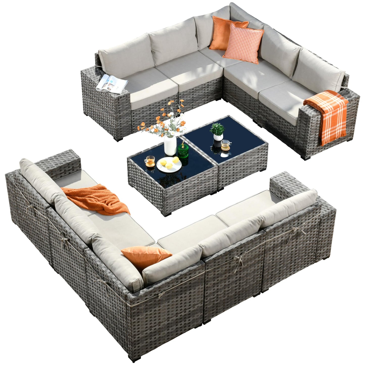 ovios Patio Furniture Set 12 Pieces Outdoor Sectional Sofa Set with Comfy Cushions and Deep Seat, Modern Modular Wicker Rattan Conversation Set, Beige - WoodArtSupply