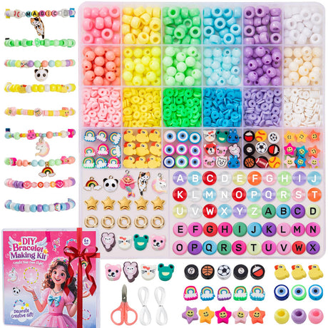 Taybonds DIY Bracelet Making Kit for Kids Age 6+, 1400+ Pcs Jewelry Making Ket with Polymer Clay Charms, Alphabet Beads, Pony, Pearl and Clay Beads, Unicorn Mermaid Panda Charms for Crafting Gifts Taybonds