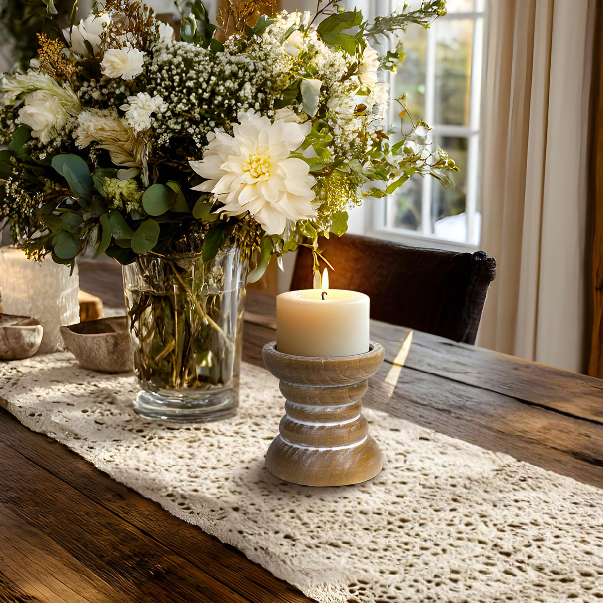 Pillar Candle Holder, Farmhouse Wood Candle Holder, Rustic Wooden Candle Stand, Vintage Small Wooden Candlestick Holders for Living Room, Table Centerpiece, Brown CEDARLUX