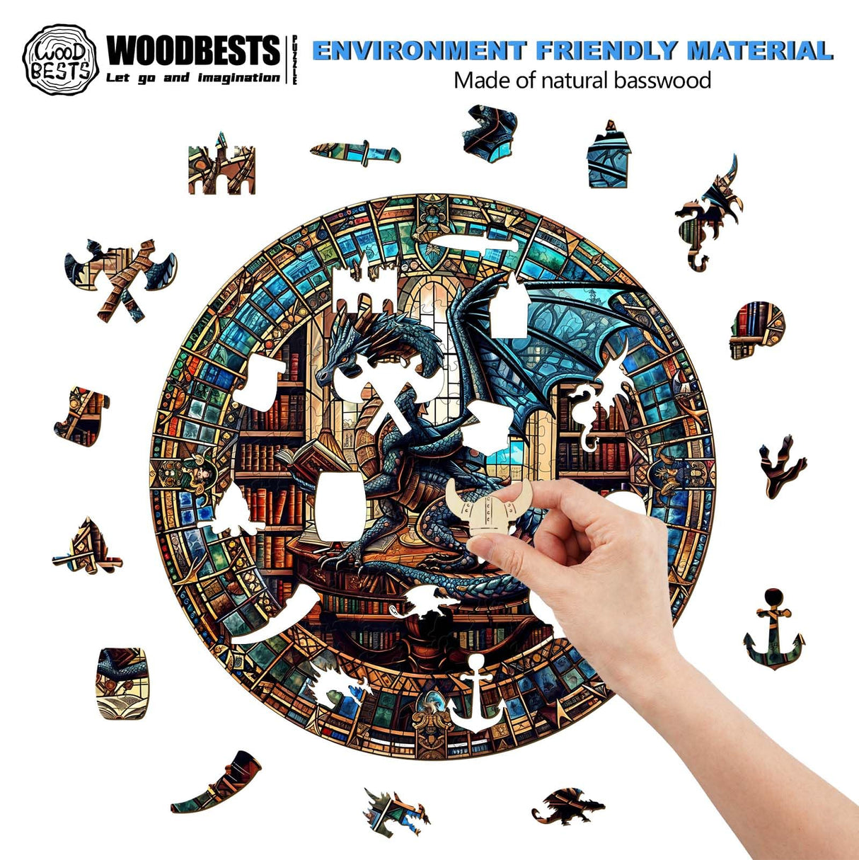 WOODBESTS Wooden Puzzles for Adults (300 Piece, L, 13.4"x13.4") Dragon's Library Wood Puzzles Adult, Wooden Jigsaw Puzzles Unique Shape, Birthday Gifts for Adults Family Game WOODBESTS